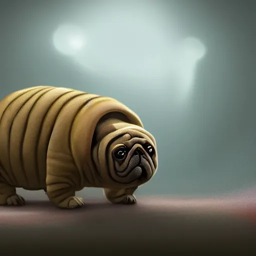 Image similar to A tardigrade with the eyes and mouth of a pug, national geographic-file-photograph, paywall-content, premium-award-winning, trending on artstation