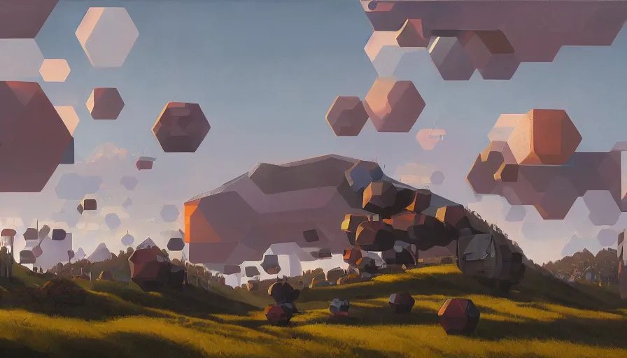 Image similar to hexagons in the sky, blocking the sun, simon stalenhag