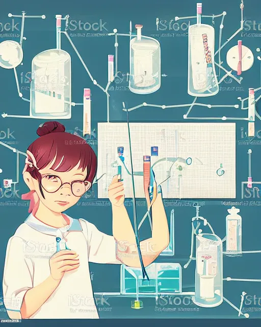 Image similar to a little girl in science lab experiment test tube microscope map. clean cel shaded vector art. minimalist illustration art by lois van baarle, artgerm, helen huang by makoto shinkai and ilya kuvshinov, rossdraws