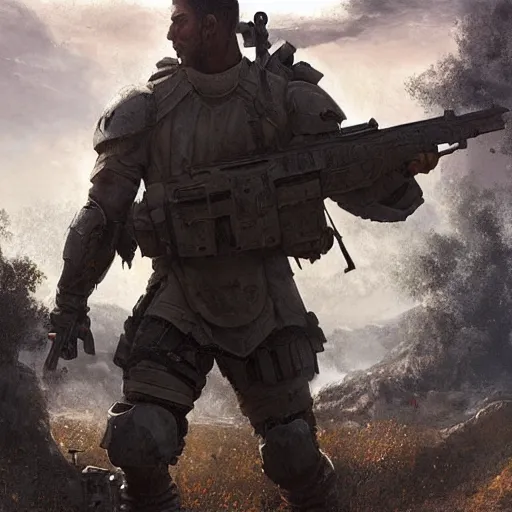 Prompt: an buff man wearing soldier armor and holding an assault rifle in the middle of an battlefield, Matte painting , detailed painting, greg rutkowski