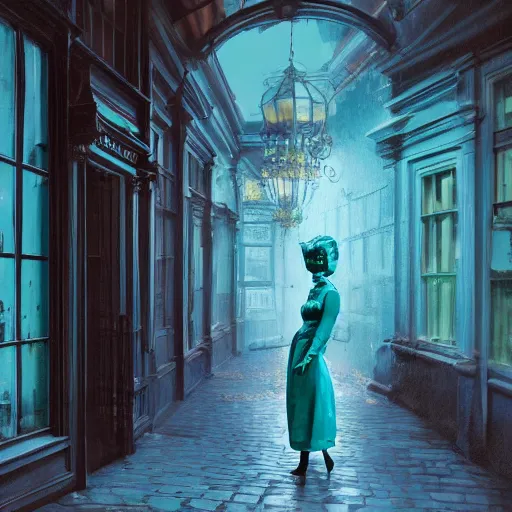 Prompt: scene in a victorian era trafalgar dress shop, turquoise dress on a manikin, cobbled laneway, ambient lighting, cinematic quality, high octane, vray render, subsurface scatter, drum scanner intricate complexity, golden ratio, kojima, amano, charlie bowater museum piece, fine art