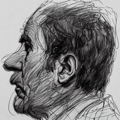 Prompt: a realistic yet scraggly portrait sketch of the side profile of a stern and sophisticated tom fulp, trending on artstation, intricate details, in the style of frank auerbach, in the style of sergio aragones, in the style of martin ansin, in the style of david aja, in the style of mattias adolfsson