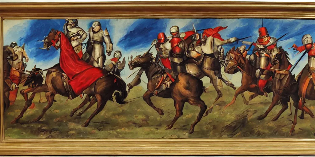 Image similar to italian futurism styled painting of a medieval knight cavalry charge