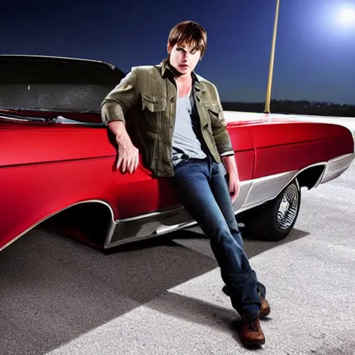 Prompt: Ian Somerhalder as Dean Winchester in Supernatural, leaning against a 1967 chevrolet impala at night