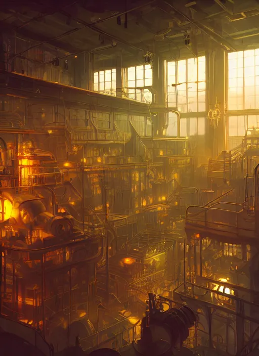 Image similar to beautiful interior of a steampunk factory, ross draws, james gilleard, delphin enjolras, goro fujita, makoto shinkai, paul lehr, volumetric lighting, octane render, very coherent, trending on artstation