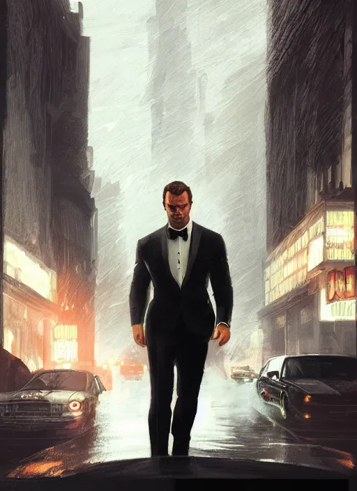 Image similar to portrait of henry cavill as james bond, casino, rain, fire, highly detailed, digital painting, artstation, concept art, cinematic lighting, sharp focus, illustration, art by artgerm and greg rutkowski and alphonse mucha