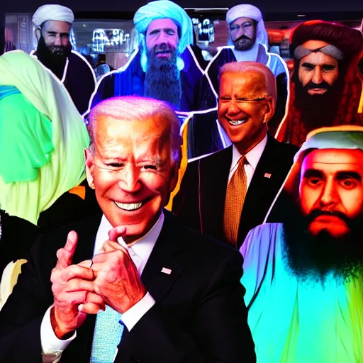 Prompt: 4 k portrait sony a 7 f 2. 8 of a gigantic president joe biden as a taliban leader surrounded by dancing instagram models with neon lighting and moody cloudy skies