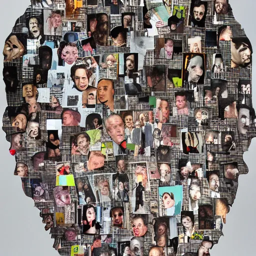 Image similar to a head-shaped chaotic collage made out of fragments of printed images taken from the internet, fashion magazines, and family photographs all coming together to form a hybrid face shape with twisted features in the Dadaesque style, mixed media