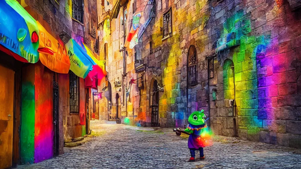 Prompt: A rainbow creature walks through a medieval city, torches, vibrant colors, medieval