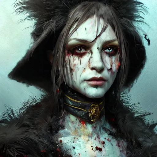 Image similar to closeup splatterpunk portrait of small darkelf in a heavy dark feathered and fur lined cloak, highly detailed, digital painting, artstation, concept art, smooth, sharp focus, photorealistic, art by Wei Fan and Fernanda Suarez and Artem Demura and alphonse mucha