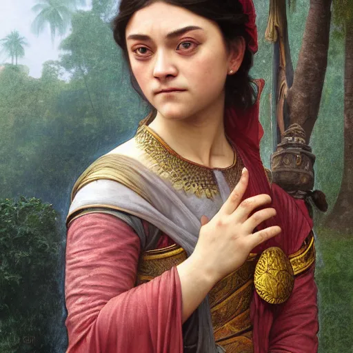 Prompt: Portrait of arya stark in ancient bali, elegant, digital painting, highly detailed, fantasy, artstation, concept art, smooth, sharp focus, illustration, art by William-Adolphe Bouguereau and artgerm and greg rutkowski and alphonse mucha