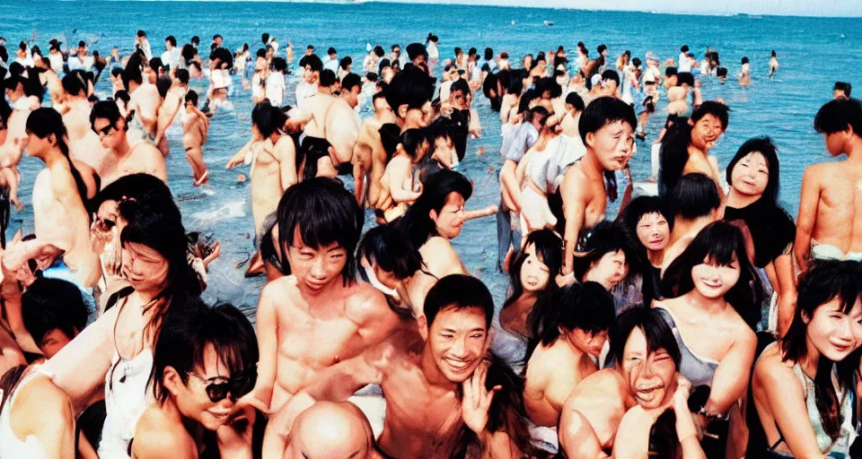 Image similar to 90s Japan, Professional photograph, people in the beach, summer.