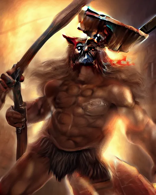 Image similar to minotaur from path of exile wielding 2 hand axe, portrait, anime, digital painting, highly detailed, intricate, trending on artstation