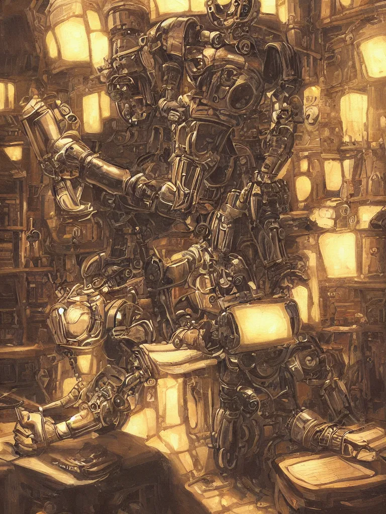 Prompt: an epic fantasy style painting of a mechanical robot librarian drinking wine, dynamic lighting, very detailed