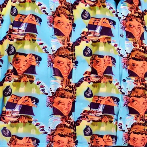 Prompt: a hawaiian shirt with a pattern of lenin heads