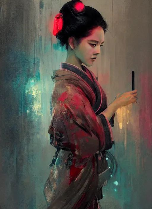 Image similar to female geisha girl, beautiful face, neon, rule of thirds, intricate outfit, spotlight, by greg rutkowski, by jeremy mann, digital painting