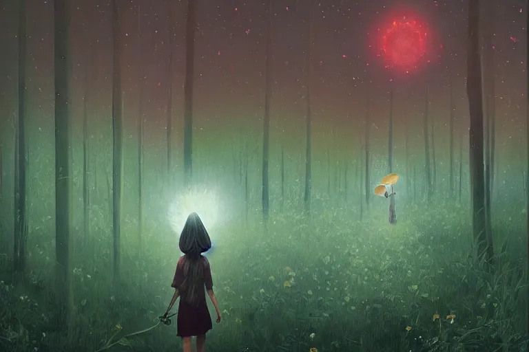 Image similar to giant daisy flower over head, girl walking in thick forest, surreal photography, dark night, stars, moon light, impressionist painting, clouds, digital painting, artstation, simon stalenhag