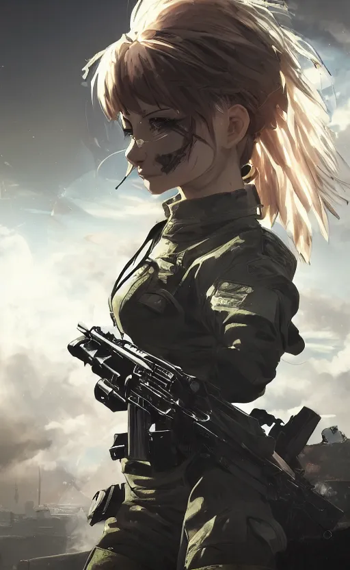 Image similar to highly detailed, high resolution, character design art, stunning, volumetric lightning, realistic guns, girls frontline style, matte, sharp focus, intricate, 1 5 0 mm, illustration, artstation, by kuvshinov ilya, realistic human anatomy, simple design, realistic military gear, metal gear style