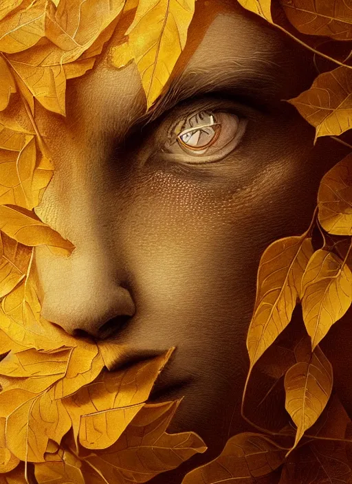 Image similar to golden leaves at frame border, creative!!! composition for a book cover, absurdly beautiful, ultrafine hyperrealistic detailed animal face by wlop and artgerm and greg rutkowski, intricate linework, sharp focus, smooth, unreal engine, dramatic lighting, ethereal, 8 k