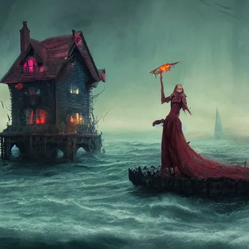 Image similar to realistic scary witches in front of a candy witch house, floating on the ocean, epic scene, fantasy, cinematic, hyper - detailed, in the style of greg rutkowski