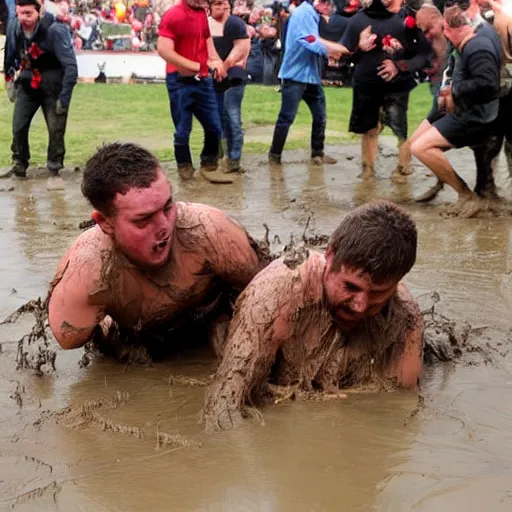 Image similar to 3 drunks fall over mud - wrestling