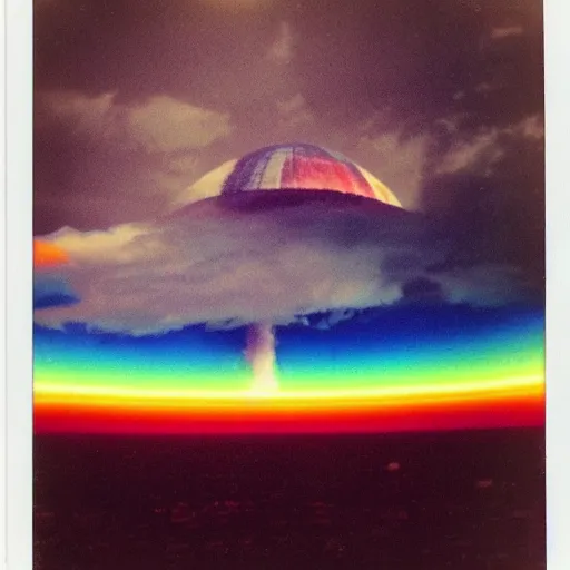 Image similar to polaroid photo of colorful rainbow over the nuclear explosion