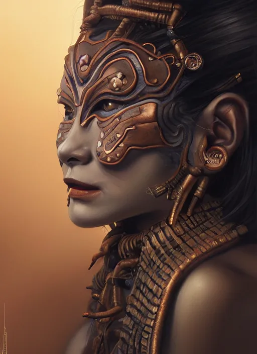 Image similar to a beautiful detailed oil on copper art illustration of a oni mask woman, centered, by charlie bowater, zeng fanzh, trending on artstation, dim dusk lighting, cinematic lighting, detailed lighting, volumetric lighting, realistic, f 8, 4 k hd wallpaper