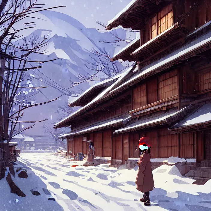 Image similar to empty rural japanese city, winter, in the style of studio ghibli, j. c. leyendecker, greg rutkowski, artem