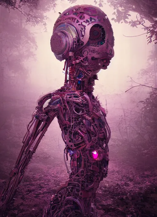 Prompt: a mad small psychedelic surreal horror cyborg in the chaotic spirit forest, bizarre conceptual art, filmic, fulcolor octane render, 1 6 k 4 d, cinematic, ultra - realistic