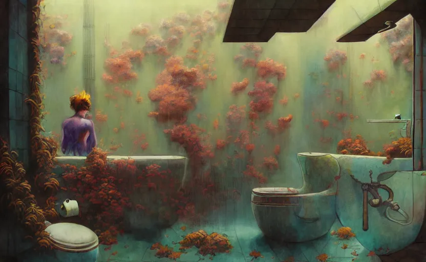 Image similar to bathroom, fantasy. intricate, amazing composition, colorful watercolor, by ruan jia, by maxfield parrish, by marc simonetti, by hikari shimoda, by robert hubert, by zhang kechun, illustration, gloomy