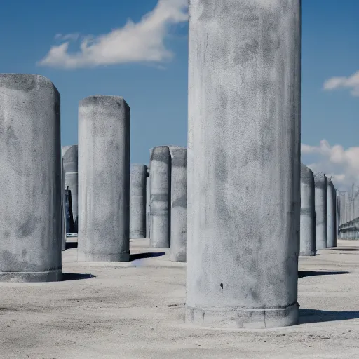 Image similar to a flate endless plane of concrete covered in concrete pillars that go on to the horizon, open sky, blue sky with clouds