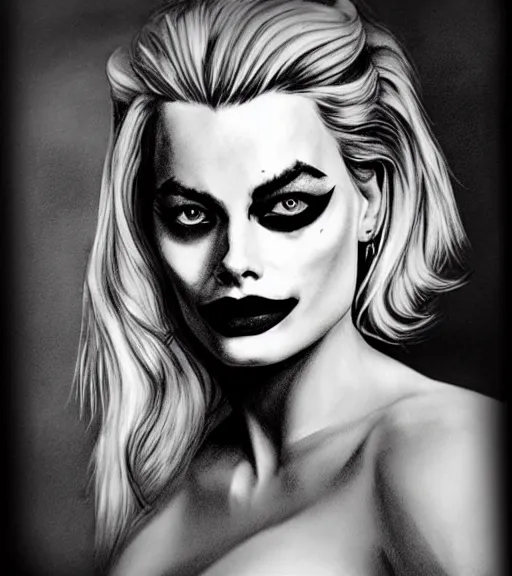 Image similar to tattoo design sketch of beautiful margot robbie portrait with joker makeup, in the style of den yakovlev, realistic face, black and white, realism tattoo, hyper realistic, highly detailed, beautiful drawing