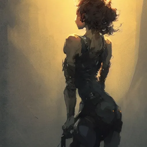 Prompt: a beautiful girl with short curly brown hair in a ponytail, a pointy chin, smiling sweetly, dramatic lighting, illustration by Greg rutkowski, yoji shinkawa, 4k, digital art, concept art, trending on artstation