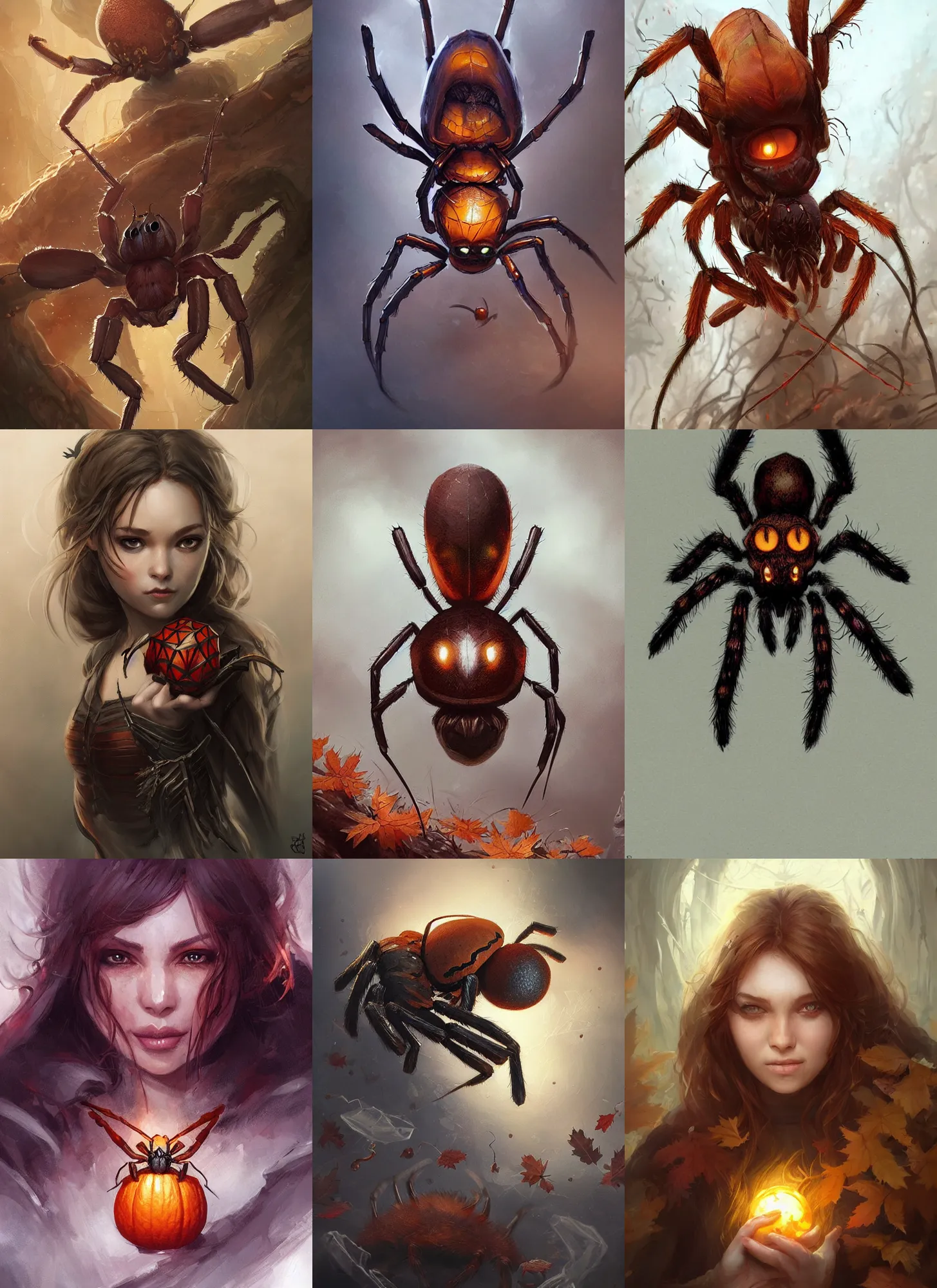 Prompt: cute autumnal spider, d & d, fantasy, portrait, highly detailed, digital painting, trending on artstation, concept art, sharp focus, illustration, art by artgerm and greg rutkowski and magali villeneuve