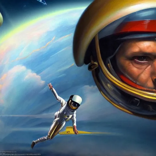 Prompt: An ultra realistic portrait painting of Napoleon Bonapart flying in space in the style of Frank Frazetta, 4k, Ultra realistic, Highly detailed, Dark fantasy, Epic lighting