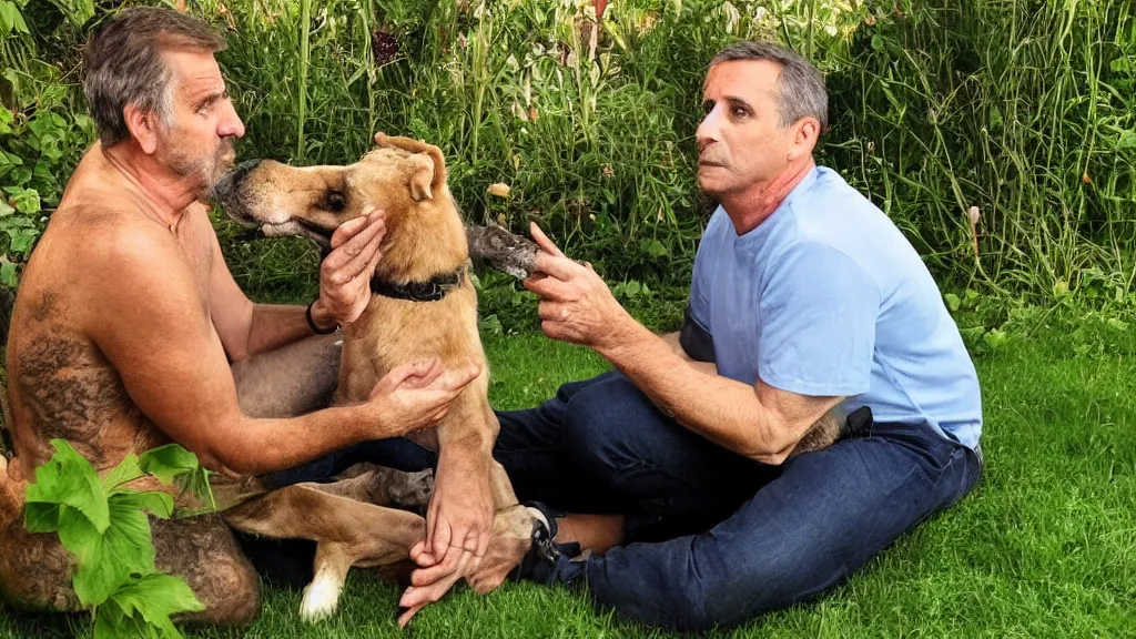 Prompt: My dad Steve just took a hit from the bongo and have good time being gracefully relaxed in the garden, sunset lighting. My second name is Carell. My dad second name is Carell. Im the dog and Steve Carell is my dad. Detailed face