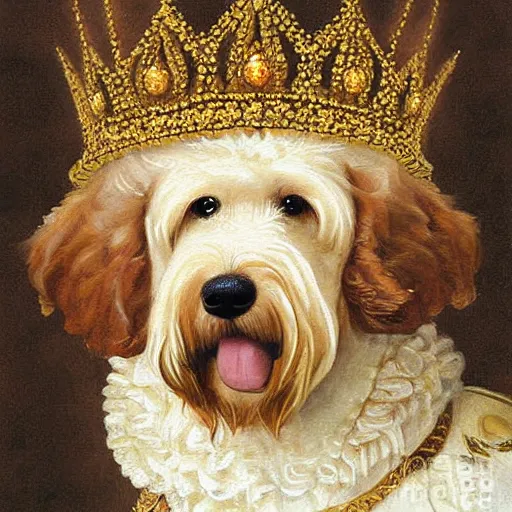 Prompt: portrait of a golden doodle as a queen painting very detailed