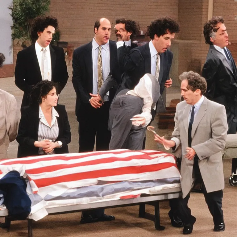 Prompt: Elaine Benes, Jerry Seinfeld, and Kramer at George Costanza's fake funeral, hyper realistic, Photorealistic, high quality