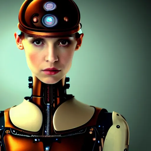 Image similar to close - up portrait of a beautiful female steampunk android in the style of ex machina,