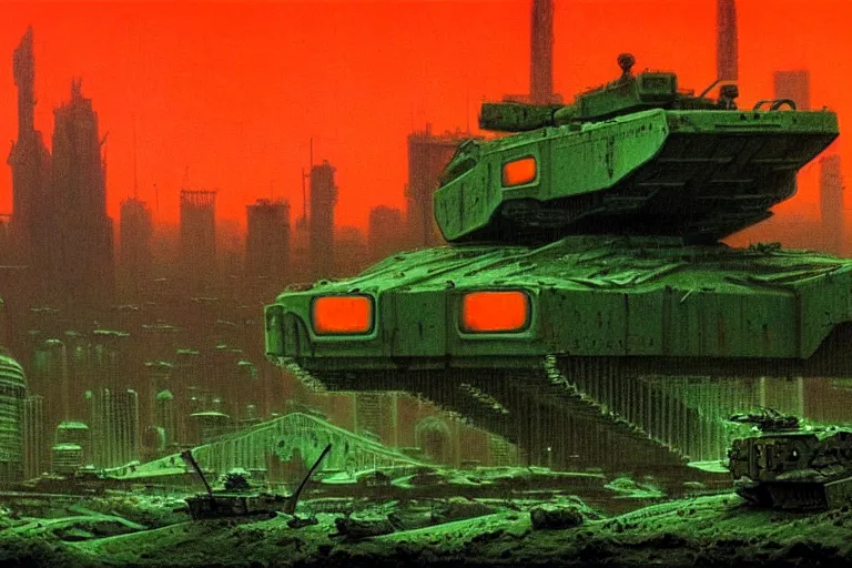 Prompt: glowing green alien crystals, polished green quartz surface irradiating radioactive zombie infested city, t - 9 0 tank, dark apocalyptic orange and red wasteland, beksinski