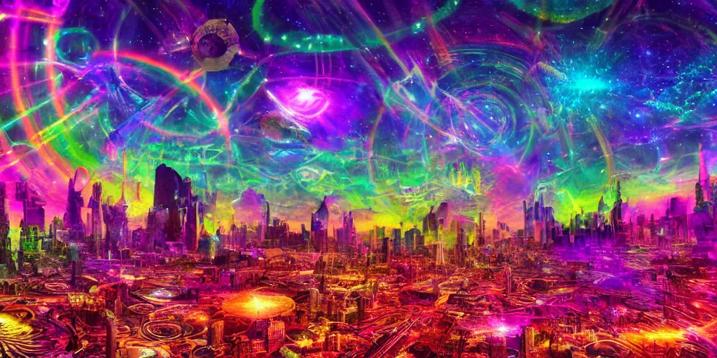 Image similar to proxima b psychedelic alien cityscape, light paint, macro, photorealistic, hyperrealistic, futuristic, in style of Lisa Frank, steampunk, cosmic, translucent, holographic, 32K, deep dream, rainbows, bright colors, high resolution, 4D, megapixel, UHD, HDR