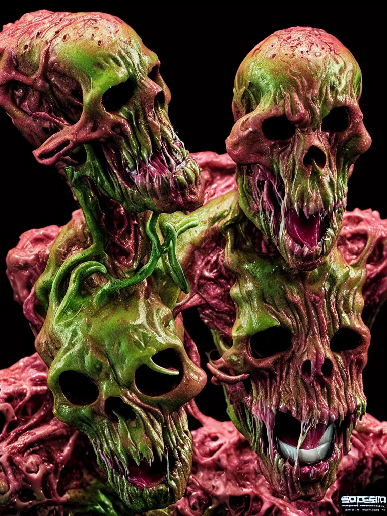 Image similar to hyperrealistic subsurface scattering rendering, fat smooth wet cronenberg flesh monster smooth skulls and ribcages kaiju by art of skinner and richard corben and jeff easley, product photography, action figure, sofubi, studio lighting, colored gels
