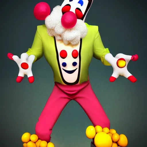 Image similar to A clown with pants made of eggs, trending on artstation
