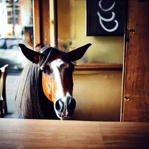 Prompt: a photo of a horse picking its nose, while in a cafe