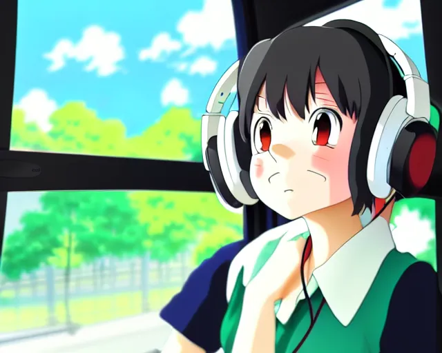 Image similar to anime fine details portrait of joyful girl in headphones in school bus, bokeh. anime masterpiece by Studio Ghibli. 8k render, sharp high quality anime illustration in style of Ghibli, artstation