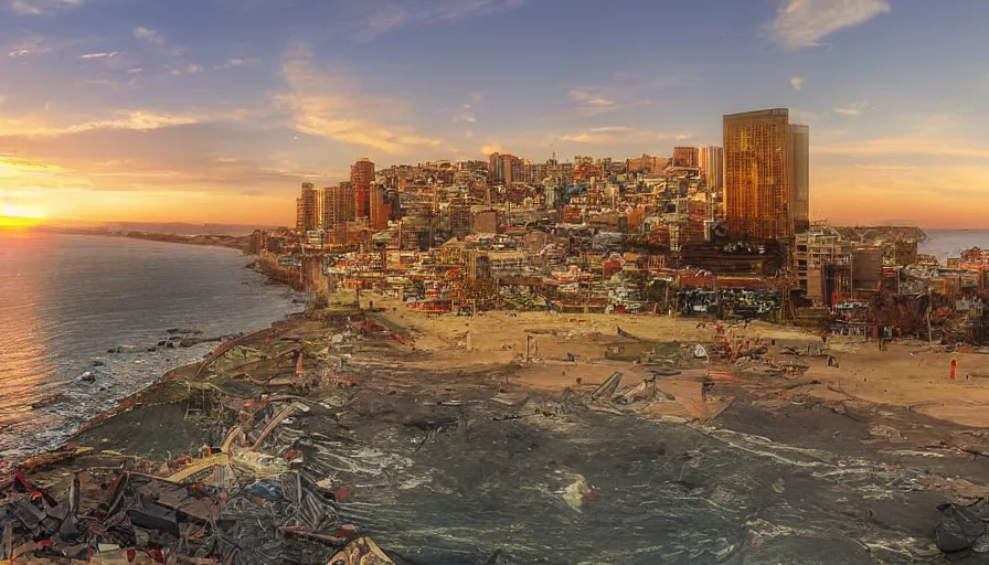 Image similar to valparaiso of chile, unreal engine, digital art, sunset, sharp focus, beach, vivid color