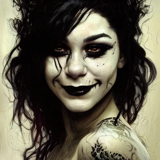 Image similar to beautiful portrait of vanessa hudgens as death from sandman, smiling, by cedric peyravernay, alphonse mucha, by jeremy mann, by lecouffe deharme, goth chic, soft lightning, eyeliner, punk rock, high detailed, 8 k