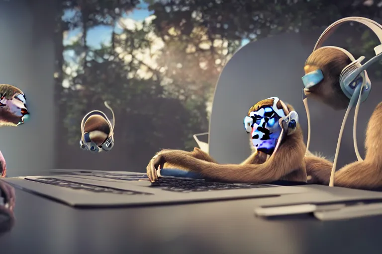 Prompt: monkeys playing on computer using headphones. ultra-detailed, 8k, octane render