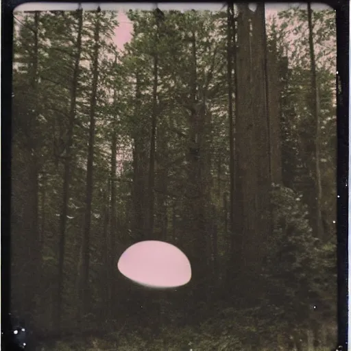 Image similar to a ufo flying over a forest at night, ufo!!!, old polaroid,