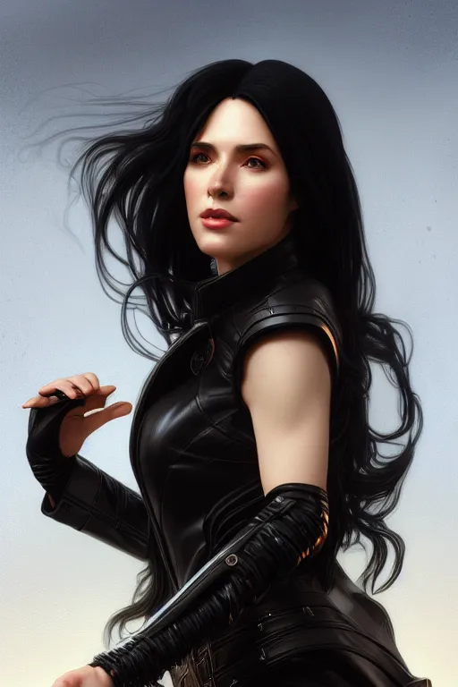 Prompt: portrait of a long black haired woman singing in the style of mass effect, leather trench coat, intricate, elegant, highly detailed, digital painting, artstation, concept art, smooth, sharp focus, illustration, art by artgerm and greg rutkowski and alphonse mucha, 8 k
